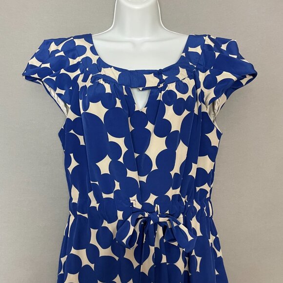 Yoana Baraschi Dress Dotted Women Size 10 Blue Cream Cut-Out Neckline Tie‎ Belt - Picture 4 of 15